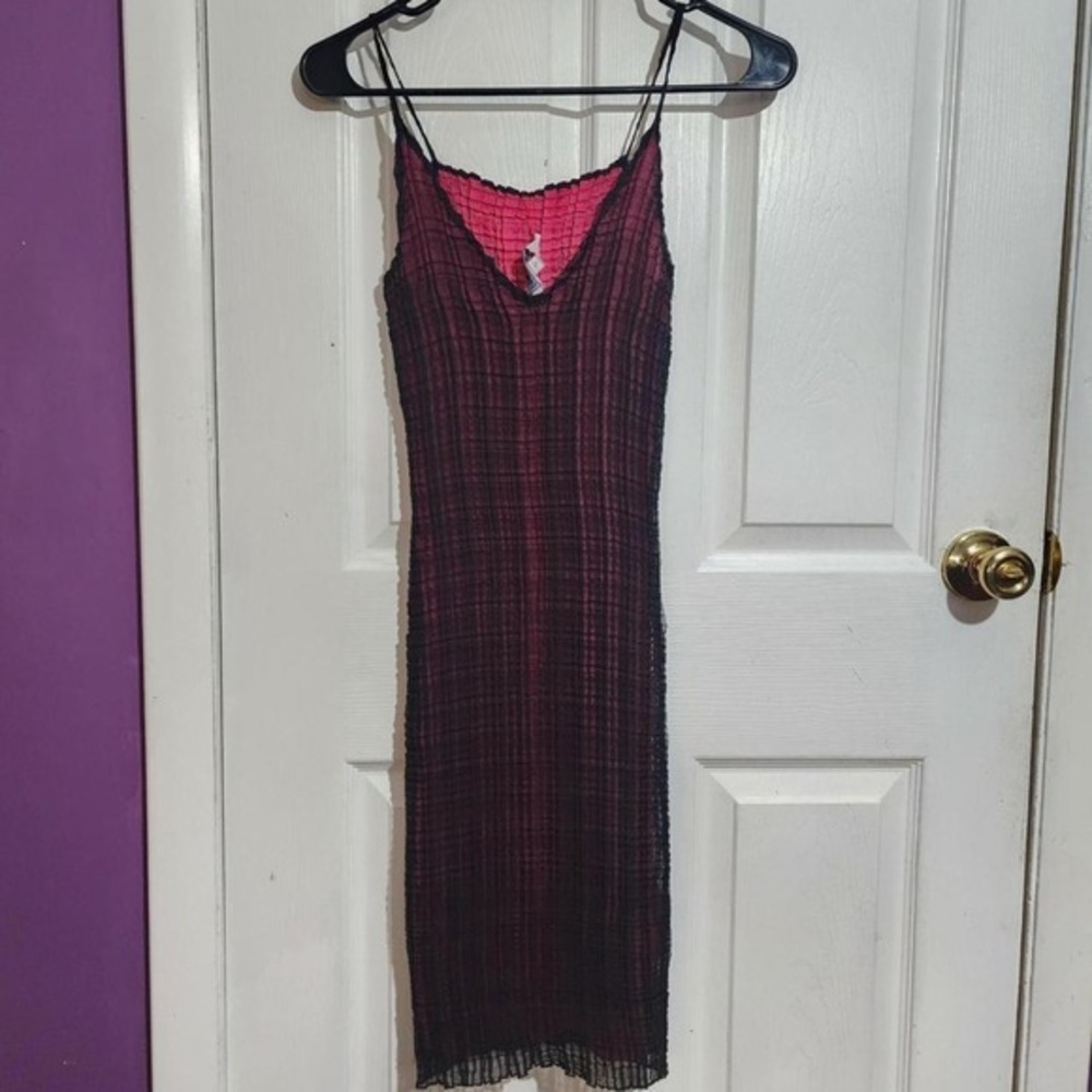 Vintage Black & Pink Crinkle Mesh Dress